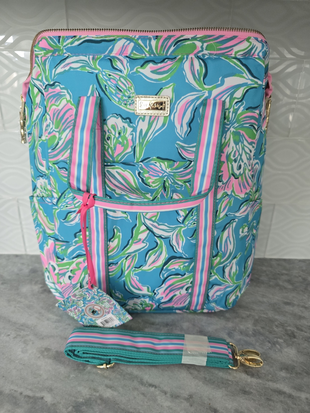 Blue & Pink Floral Tote Bag with Adjustable Strap